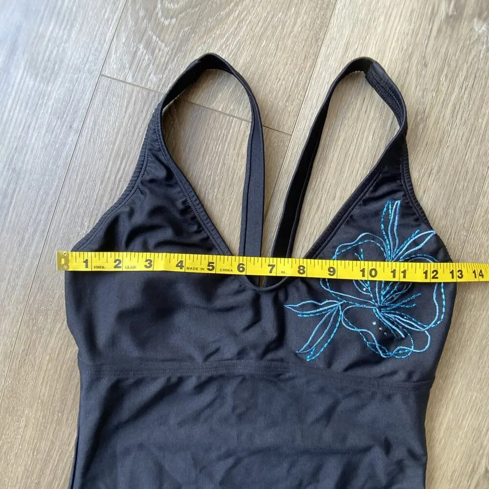 Speedo One Piece Swimsuit Women Sz 8 Black Embroidered Flower Padded Lined